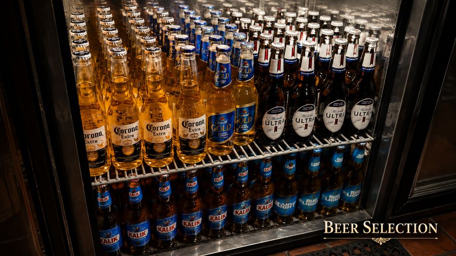 Cold beer selection including Corona, Kalik Gold, Michelob Ultra, Kalik and Bud Light
