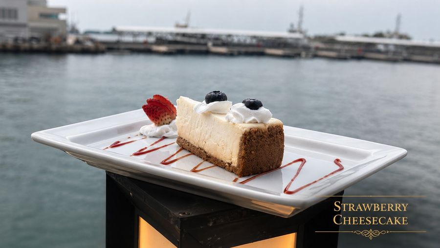 Strawberry cheesecake on a plate by the harbour