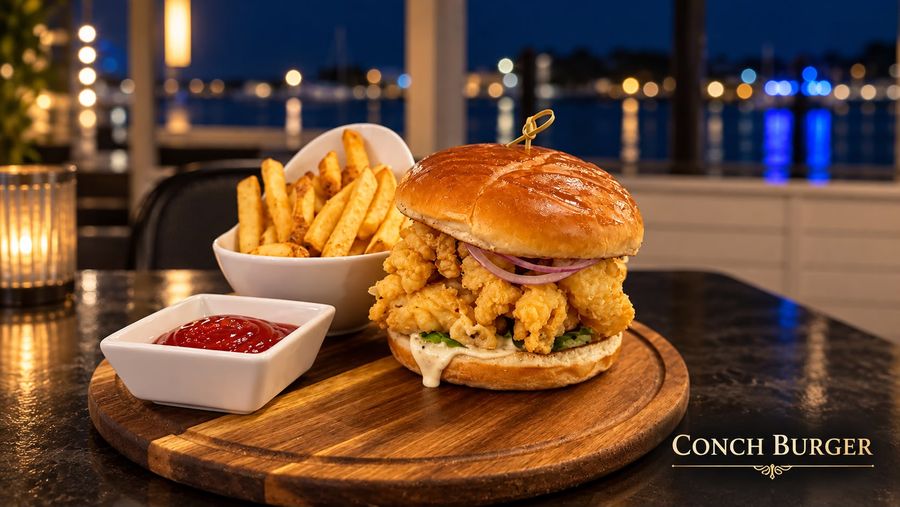 Conch burger on a brioche bun with fries, with the harbour lights behind