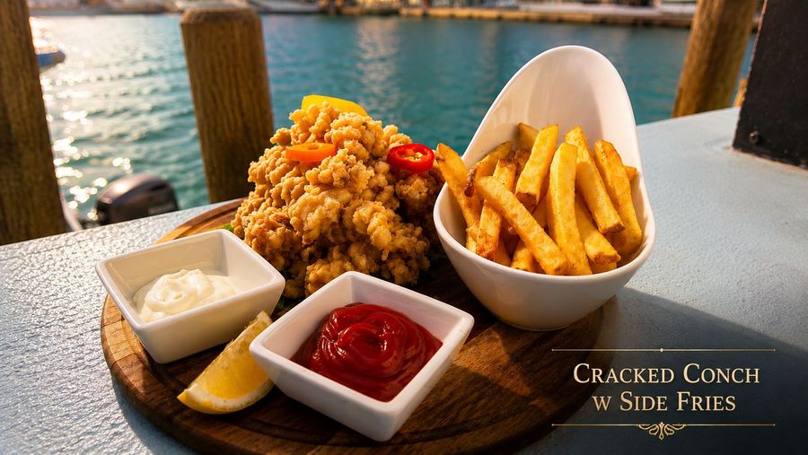Cracked conch with fries, aioli and ketchup on the waterfront