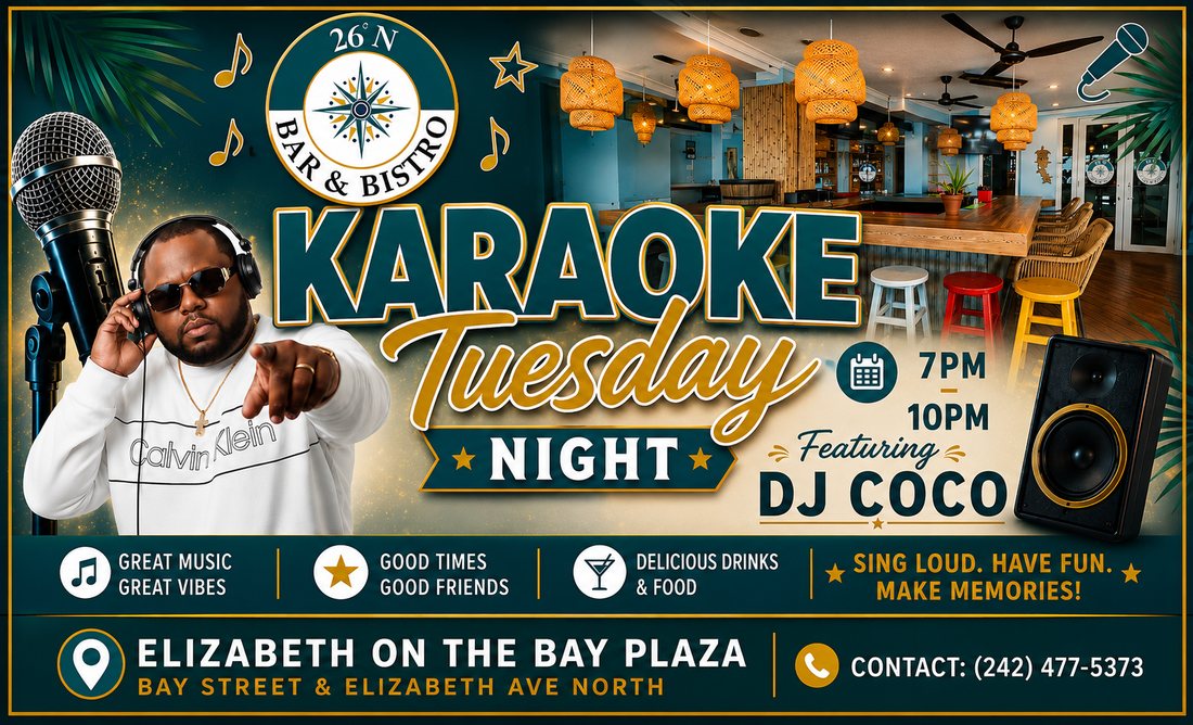 Karaoke Tuesday Night flyer, 7pm to 10pm featuring DJ Coco