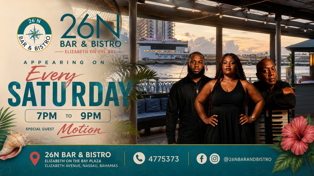 Live band every Saturday 7pm to 9pm flyer showing the band on the waterfront patio