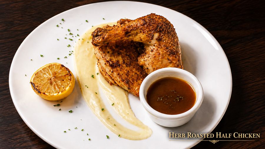 Herb roasted half chicken with charred lemon and jus