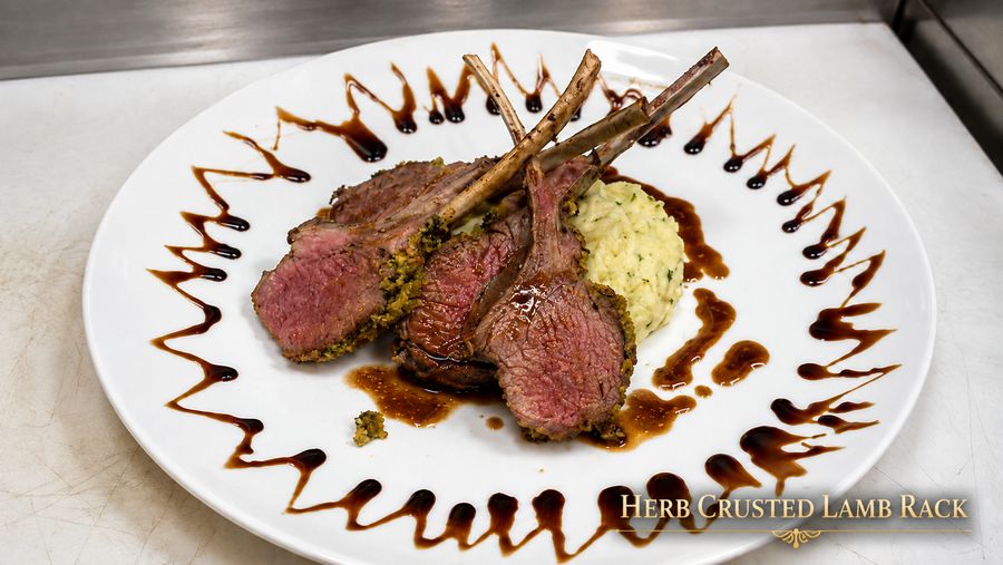 Herb crusted rack of lamb with mashed potatoes and jus