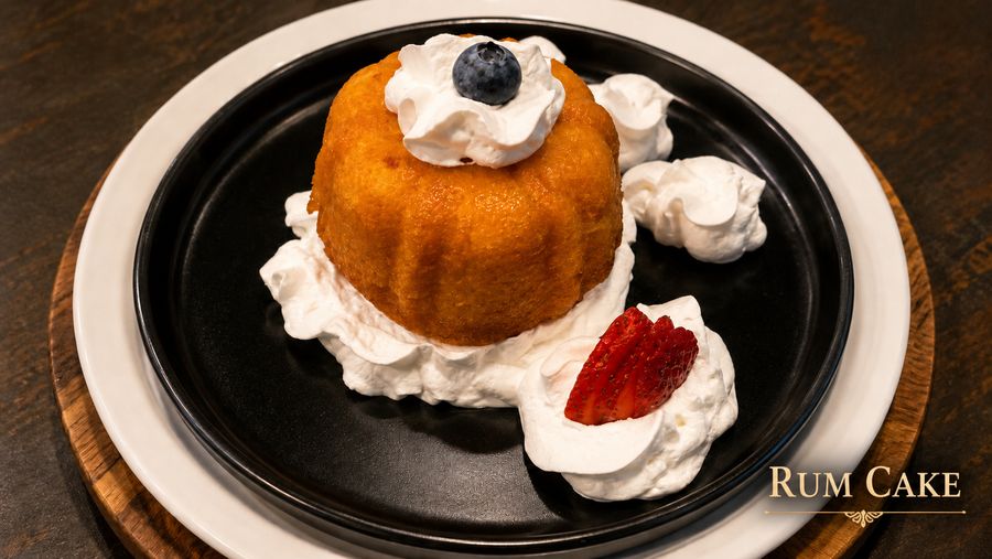 Rum cake with whipped cream, blueberry and strawberry