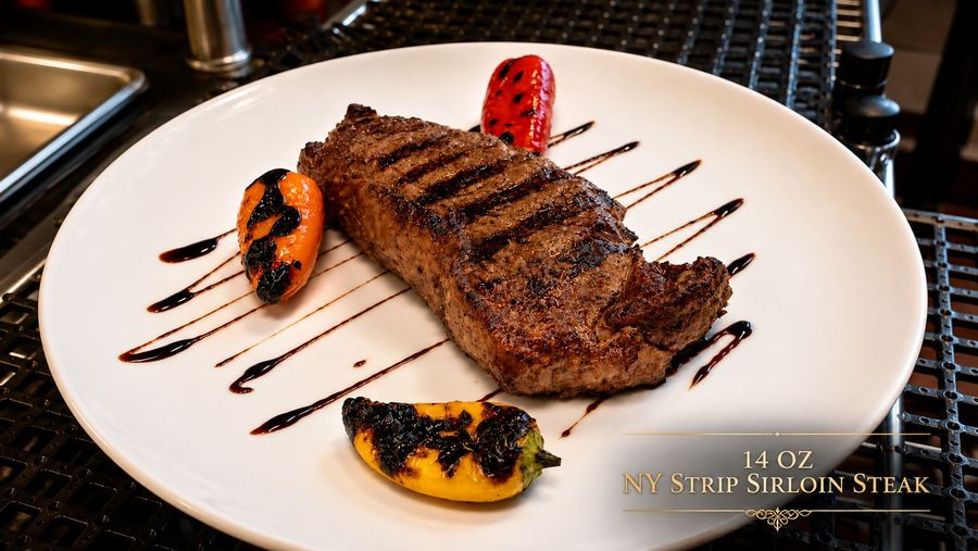 14oz NY strip sirloin steak with grilled sweet peppers and balsamic drizzle