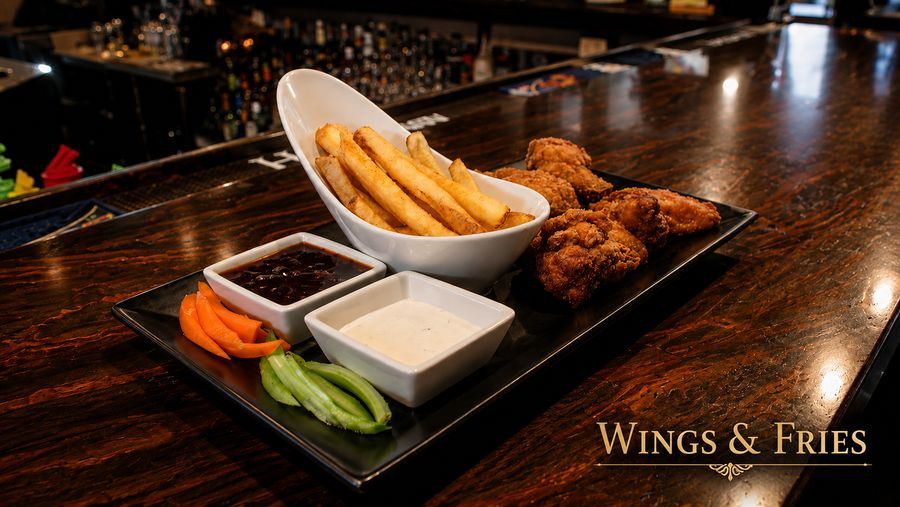 Chicken wings and fries with dipping sauces at the bar